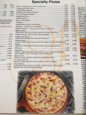 Menu specialty pizzas