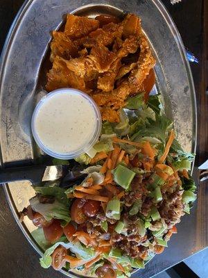 Grilled buffalo chicken salad. Huge, spicy and delicious.