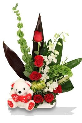 Love you Beary Much! this fun and loving arrangement of red roses and a teddy bear, in a traditional design with new twist