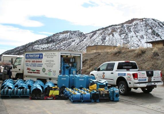 Water damage equipment ready to go to work drying a flooded house!