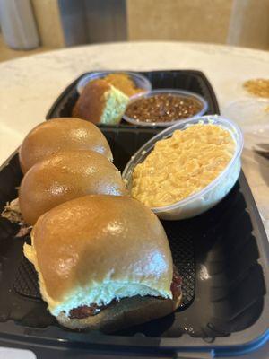 Smokehouse Sliders (turkey, sausage, pulled pork), Side Sampler (macaroni & cheese, beans, sweet potato casserole, cornbread)