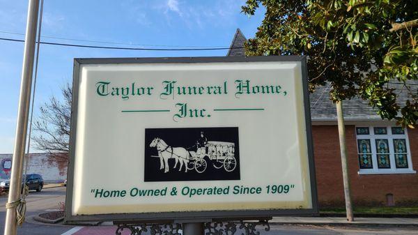 Sign outside Taylor Funeral Home