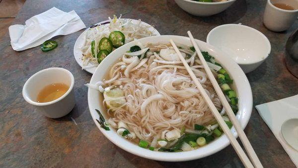 1.21.24, large pho ga with vinegar onions ( I love ) hot tea and time to dig in and slurp, slurp, slurp