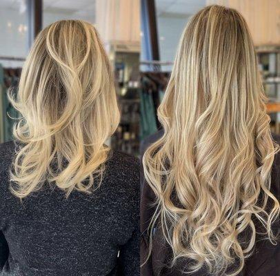 Before & after extensions, color and highlights done by Dianna