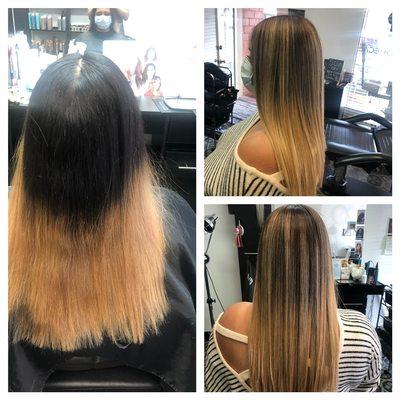 Color correction, Balayage, Brazilian blowout, hair cut and Style