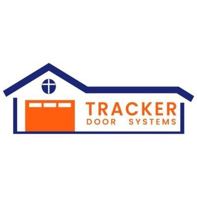 Tracker Door Systems logo featuring a stylized house design with an orange garage door and bold text displaying the company n...