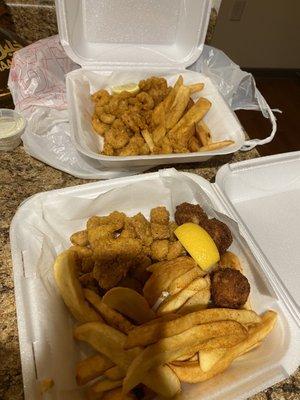 Shrimp platter and Grouper Bite Platter and ommgggggg! Seasoned perfectly and the tartar sauce is A1!