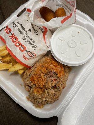 BBQ platter with fries, hush puppies, slaw and puréed pork