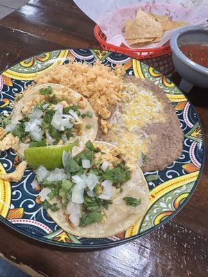 Chicken tacos with rice and beans