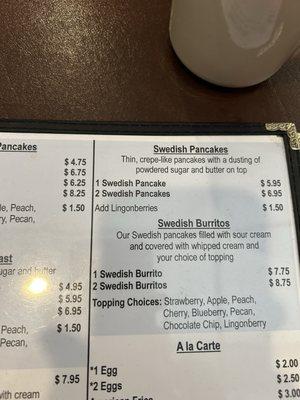 Menu including Swedish pancakes.