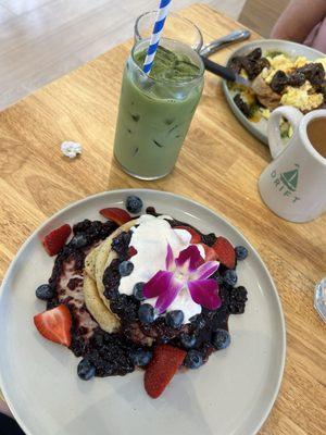 Berry stack and iced matcha latte