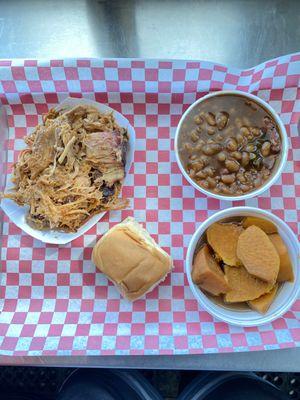 Pulled pork with baked beans and yams.