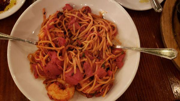 Shrimp fra diavolo. Fresh large crisp shrimp over al dented linguini. It does not get any better