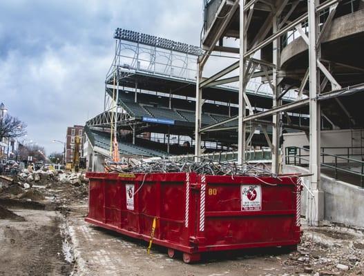 Roll Off Dumpster outside Wrigley Field during the bleacher renovation.