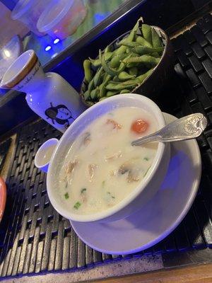 Tom kah soup, edamame, hot sake