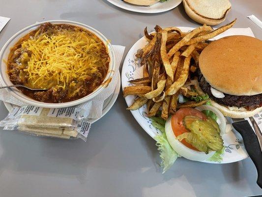 Chili and a Mushroom Swiss Burger