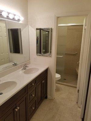 Double sink vanity and counter top installed.