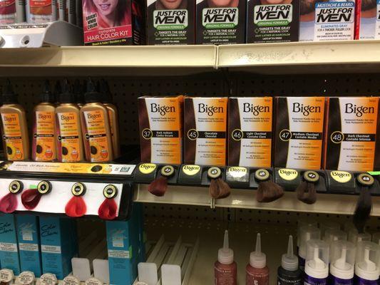 Bigen products- best alternative to chemical dyes. No hydrogen peroxide needed- just water. Dark auburn-brown-black shades only.