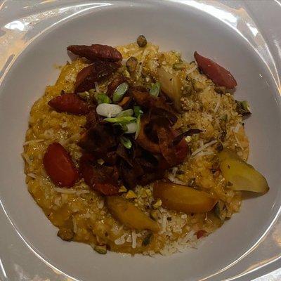 Roasted carrot risotto with roasted rainbow carrots, carrot 'chips' and pistachios.  Very unique option but also very good!