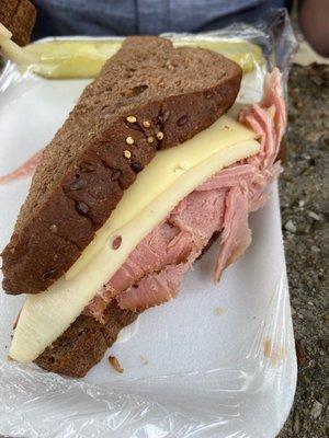 Awesome ham and cheese on dark bread!