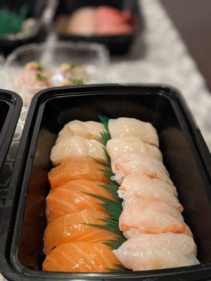 2 order salmon sushi, 2 sweet shrimp sushi , 2 scallop sushi