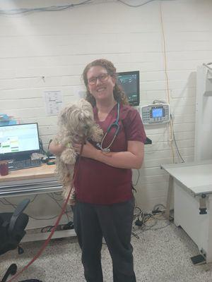 Dr Jenny Gondek with Benny 2 days after surgery.   She and Dr Whittaker saved his life!  Thanks to both Dr's at Westridge!