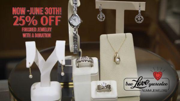 Bring in food shelf item or $10 and get 25% off any finished jewelry items. Now until June 30th.  We are open 11-4pm Monday - Friday.