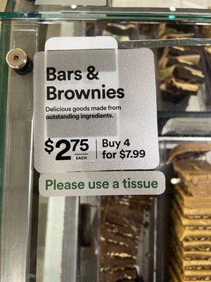 Bars and brownies $2.75 each or 4 for $7.99