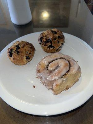 Cinnamon roll and blueberry muffins