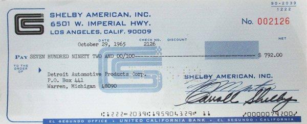 Second autographed check Carroll Shelby