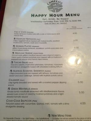 Sample of happy hour menu