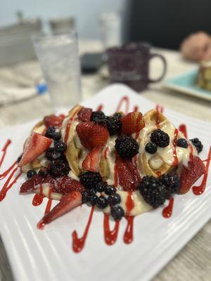 It was so pretty...Had to get that portrait mode shot, ya know? (Waffles with custard and fresh fruit )