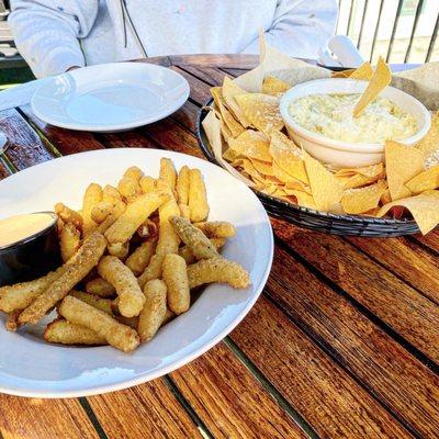 Pickle Fries & Spinach/Artichoke Dip appetizers