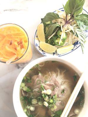 Round steak pho + Thai tea + yummy fresh stuff for the pho!