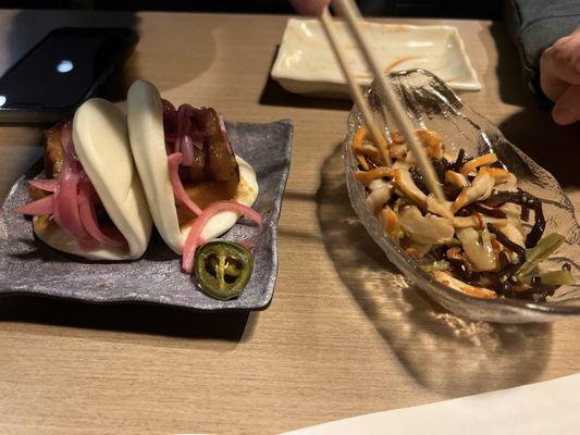 Pork belly buns and squid salad