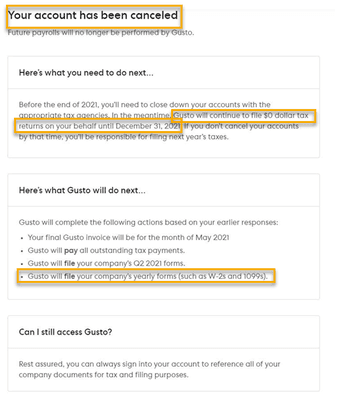 Gusto's system cancellation screen in 2021