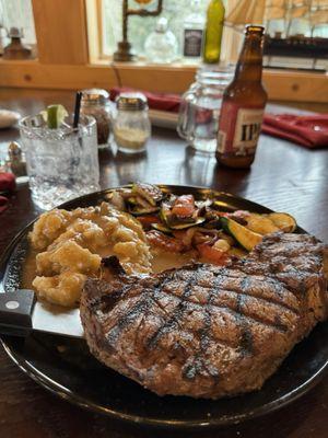 Ribeye, mashed potatoes and grilled veggies, yum