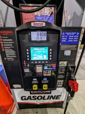 Costco Wholesale Kirkland Signature Gasoline. Prices as of Wednesday, October 30, 2024. Pump 13 of 24. Gas station hours on upper right.