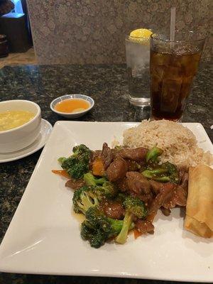 Beef broccoli, fried rice and egg drop soup.