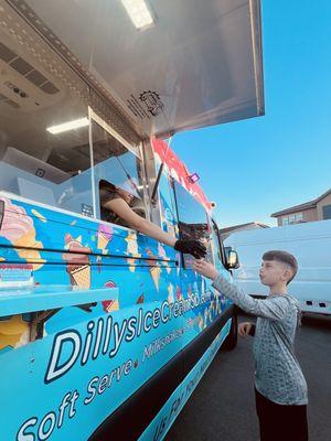 Getting ice cream from Dilly's Soft Serve Ice Cream Truck