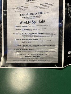 Weekly specials menu!