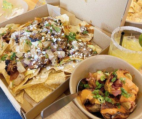 Pizza Box Nachos (left / queso, avocado, carnitas, borracho, charred pineapple salsa, queso fresco, cilantro) & Ricochet Crack Pots (right)