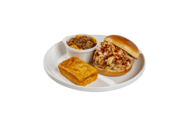 Pulled Chicken Combo w/sweet cornbread and sweet potato casserole