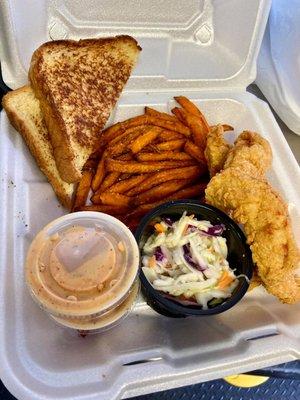 Chicken tenders with sweet potato fries.