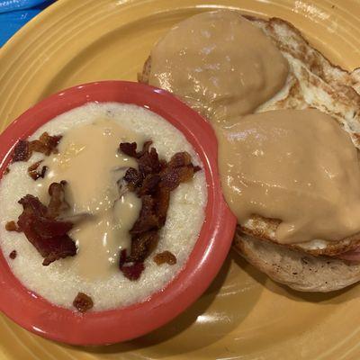 Eggs Benedict and loaded grits