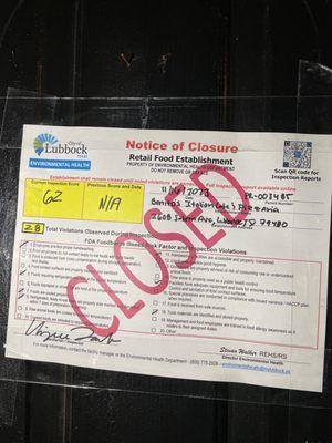 Notice of Closure for food borne illness risk factor and inspection violations