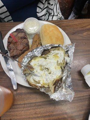 Steak and baked potato.