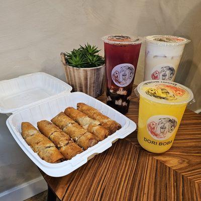 Eggrolls, mango slush,  Dragonfruit Kumquat, & roasted coconut jasmine milk tea