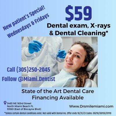 $59 New Patient Special
 Dental exam, X-Rays and Cleaning. Offer valid until October 31, 2023