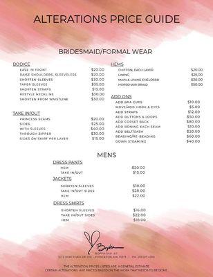 Wedding Party / Formalwear Alteration Price Guide